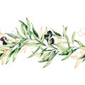 Watercolor and golden sketch seamless border with olive leaves and branch. Hand painted floral illustration isolated on Royalty Free Stock Photo