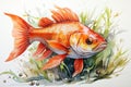Watercolor goldfish with beautiful flowers for background