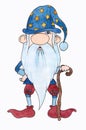 Watercolor good dwarf wizard with a beard, a hat and a wooden cane.