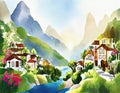 Watercolor of Gorgeous Elfic City Royalty Free Stock Photo