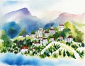 Watercolor of Gorgeous Elfic City Royalty Free Stock Photo