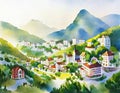 Watercolor of Gorgeous Elfic City Royalty Free Stock Photo