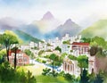 Watercolor of Gorgeous Elfic City Royalty Free Stock Photo