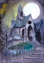 Watercolor gothic gloomy mansion in a dark moonlit garden with a graveyard