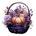 Watercolor Gothic Pumpkin Floral Basket. Dark Pumpkin for Fall Season Fantasy Autumn Halloween Illustration Clipart