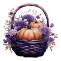 Watercolor Gothic Pumpkin Floral Basket. Dark Pumpkin for Fall Season Fantasy Autumn Halloween Illustration Clipart