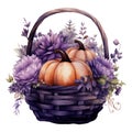 Watercolor Gothic Pumpkin Floral Basket. Dark Pumpkin for Fall Season Fantasy Autumn Halloween Illustration Clipart