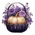 Watercolor Gothic Pumpkin Floral Basket. Dark Pumpkin for Fall Season Fantasy Autumn Halloween Illustration Clipart