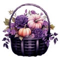 Watercolor Gothic Pumpkin Floral Basket. Dark Pumpkin for Fall Season Fantasy Autumn Halloween Illustration Clipart