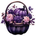 Watercolor Gothic Pumpkin Floral Basket. Dark Pumpkin for Fall Season Fantasy Autumn Halloween Illustration Clipart