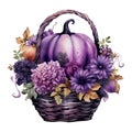 Watercolor Gothic Pumpkin Floral Basket. Dark Pumpkin for Fall Season Fantasy Autumn Halloween Illustration Clipart