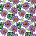 Watercolor gouache abstract purple flower monstera leaves foliage bunch seamless pattern