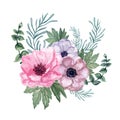 Watercolor gouache anemone floral and leaves Bouquet hand drawn Royalty Free Stock Photo