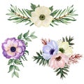 Watercolor gouache anemone floral and leaves Bouquet hand drawn Royalty Free Stock Photo