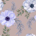 Watercolor gouache anemone floral and leaves hand drawn floral Royalty Free Stock Photo