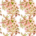 Watercolor gouache Blooming cherry peach plum blossom and outline flower leaves forest summer spring bunch seamless pattern Royalty Free Stock Photo