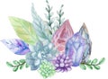 Watercolor gouache elegant vintage Crystal Stone and Gemstones with flower succulants and foliage leaf bouquet wreath hand painted