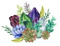 Watercolor gouache elegant vintage Crystal Stone and Gemstones with flower succulants and foliage leaf bouquet wreath hand painted