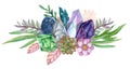 Watercolor gouache elegant vintage Crystal Stone and Gemstones with flower succulants and foliage leaf bouquet wreath hand painted