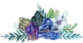 Watercolor gouache elegant vintage Crystal Stone and Gemstones with flower succulants and foliage leaf bouquet wreath hand painted