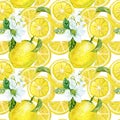 Watercolor gouache lemon sour freshness flower leaves forest summer bunch seamless pattern