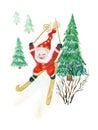 Watercolor gouache Santa Claus skier with skis in the woods fir forest christmas tree winter season on white Royalty Free Stock Photo