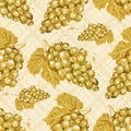 Watercolor grapes seamless pattern, White wine. Watercolor bunches of white grapes on an isolated checkered background