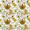 Watercolor grapes and vine seamless pattern.