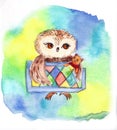 Small owl in a bed with a Teddy bear watercolor illustrtion print to decorate children`s clothing.