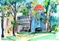 Watercolor graphic color sketch of the ruins of the castle in Sigulda in Latvia Royalty Free Stock Photo