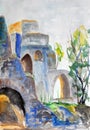 Watercolor graphic color sketch of the ruins of the castle in Sigulda in Latvia