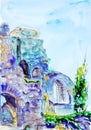 Watercolor graphic color sketch of the ruins of the castle in Sigulda in Latvia Royalty Free Stock Photo