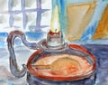 Watercolor graphic drawing of an old wrought-iron lamp with a candle