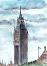 Watercolor graphic drawing of the traditional view of London on a foggy summer day