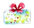 Watercolor graphic element. Light blue yellow dots Gift box with a magnificent bow. Hand drawn on paper sketch illustration