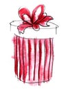 Watercolor graphic element. red striped round gift box with a magnificent bow. Hand drawn on paper sketch illustration