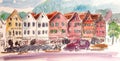 Watercolor graphic image travel sketch historic promenade in Bergen Norway