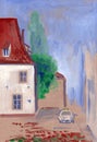 Watercolor graphic multicolor drawing of a house in Old Riga and a car Royalty Free Stock Photo