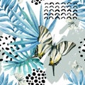 Watercolor graphical illustration: exotic butterfly, tropical leaves, doodle elements on grunge background. Royalty Free Stock Photo