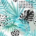 Watercolor graphical illustration: tropical leaves, doodle elements on grunge background.