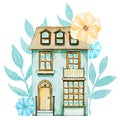 Watercolor gray cartoon cute two-story cottage in flowers