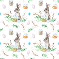 Watercolor gray Hare,Easter cake,leaves,egg,flower,willow tree,green twig on white background.Seamless pattern Royalty Free Stock Photo