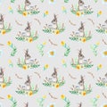 Watercolor gray Hare,flower, leaves,willow tree on grey background. Isolated of Easter Rabbit.Seamless pattern