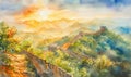 Watercolor Great wall under sunshine during sunset Royalty Free Stock Photo