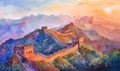 Watercolor Great wall under sunshine during sunset Royalty Free Stock Photo