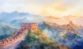 Watercolor Great wall under sunshine during sunset Royalty Free Stock Photo