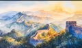 Watercolor Great wall under sunshine during sunset Royalty Free Stock Photo