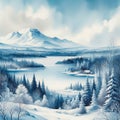 Watercolor great winter landscape illustration