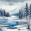 Watercolor great winter landscape illustration