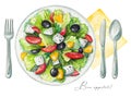 Watercolor greek salad on a plate, cutlery and napkin